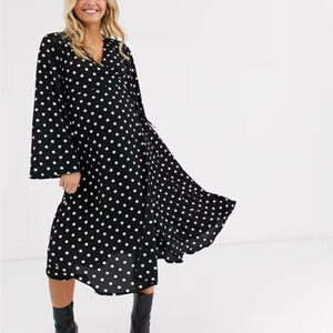 Asos New Look Maternity Polka Dot Long Sleeve Wrap Midi Dress Black White Size 6
